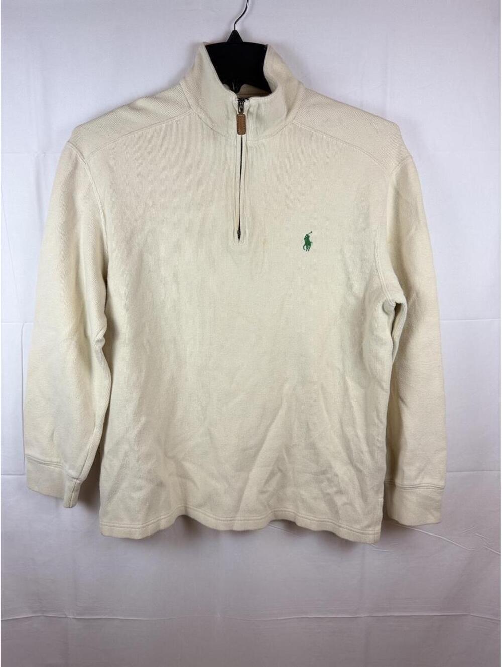 Polo Ralph Lauren 1/4 Zip Pullover Cream Beige Green Pony Logo Mens Medium